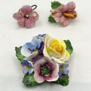 Vintage Denton England Porcelain Flower floral Brooch Pin and earrings